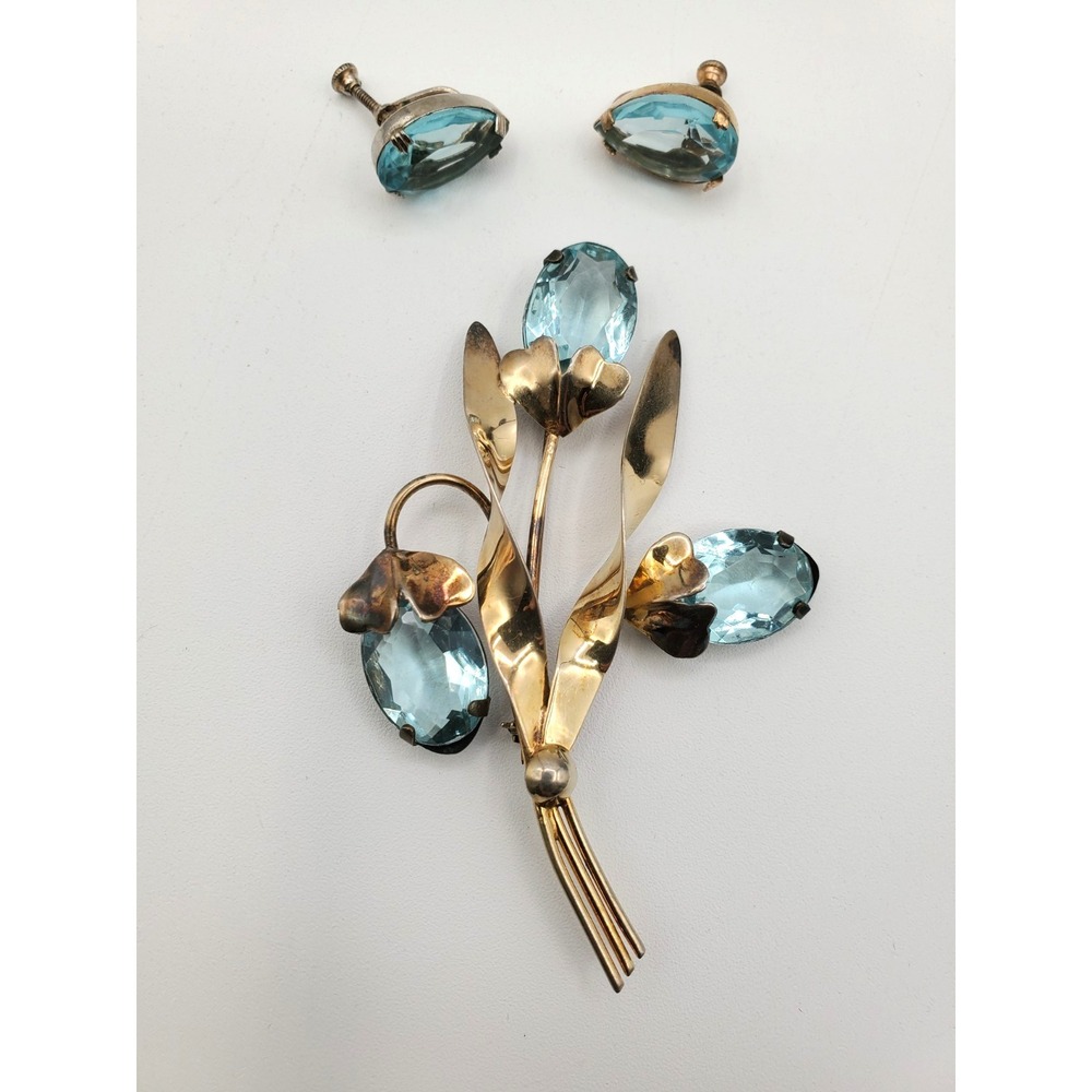 Vtg Sterling Silver Vermeil w Aqua Blue Cabochons Brooch & Screw Back Earrings